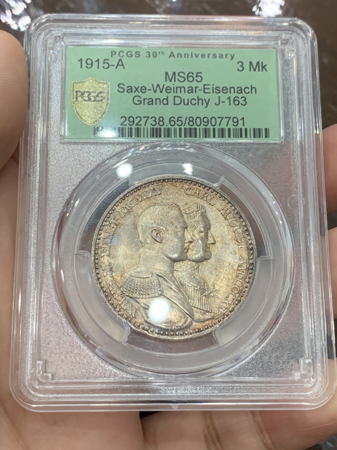 《竞宝斋》第112场-周日，周一 ，2场连拍（全场包邮） PCGS-MS65,德国1915年魏玛-艾森纳赫3马克银币,30周年纪念绿盒，人物饱满鹰徽特别