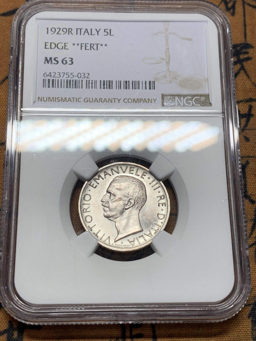 《竞宝斋》第112场-周日，周一 ，2场连拍（全场包邮） NGC MS63 意大利1929年R 5里拉银币 季军 **FERT**