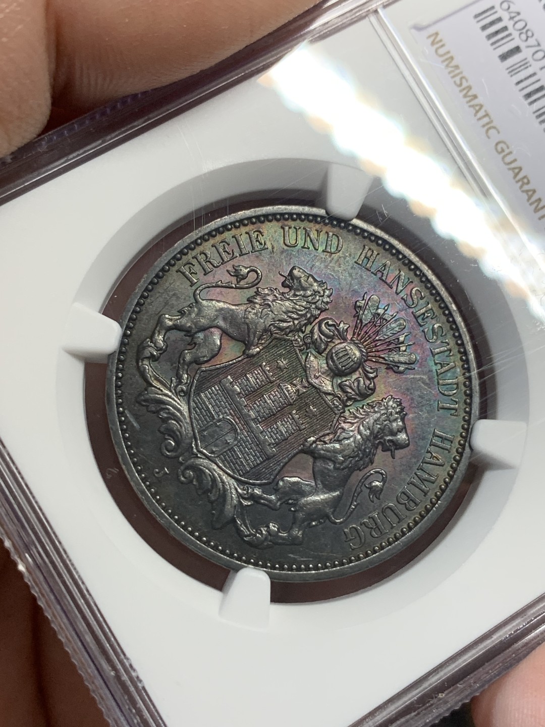 《竞宝斋》第112场-周日，周一 ，2场连拍（全场包邮） NGC-AU58 德国汉堡 1911年 双狮盾牌3马克银币 黑彩包浆 出分不易