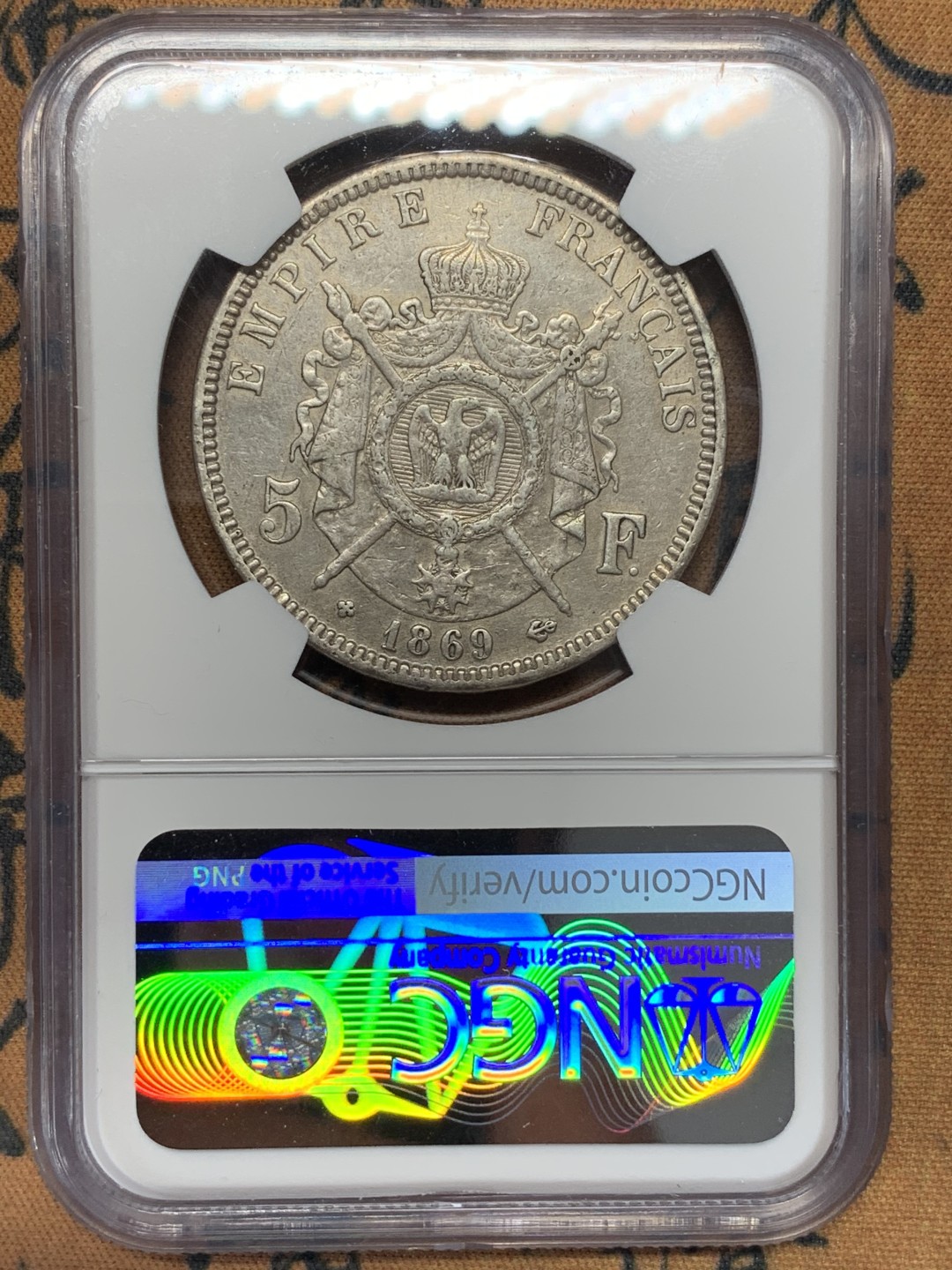 《竞宝斋》第112场-周日，周一 ，2场连拍（全场包邮） NGC XF 法国1869年拿三5法郎 银币