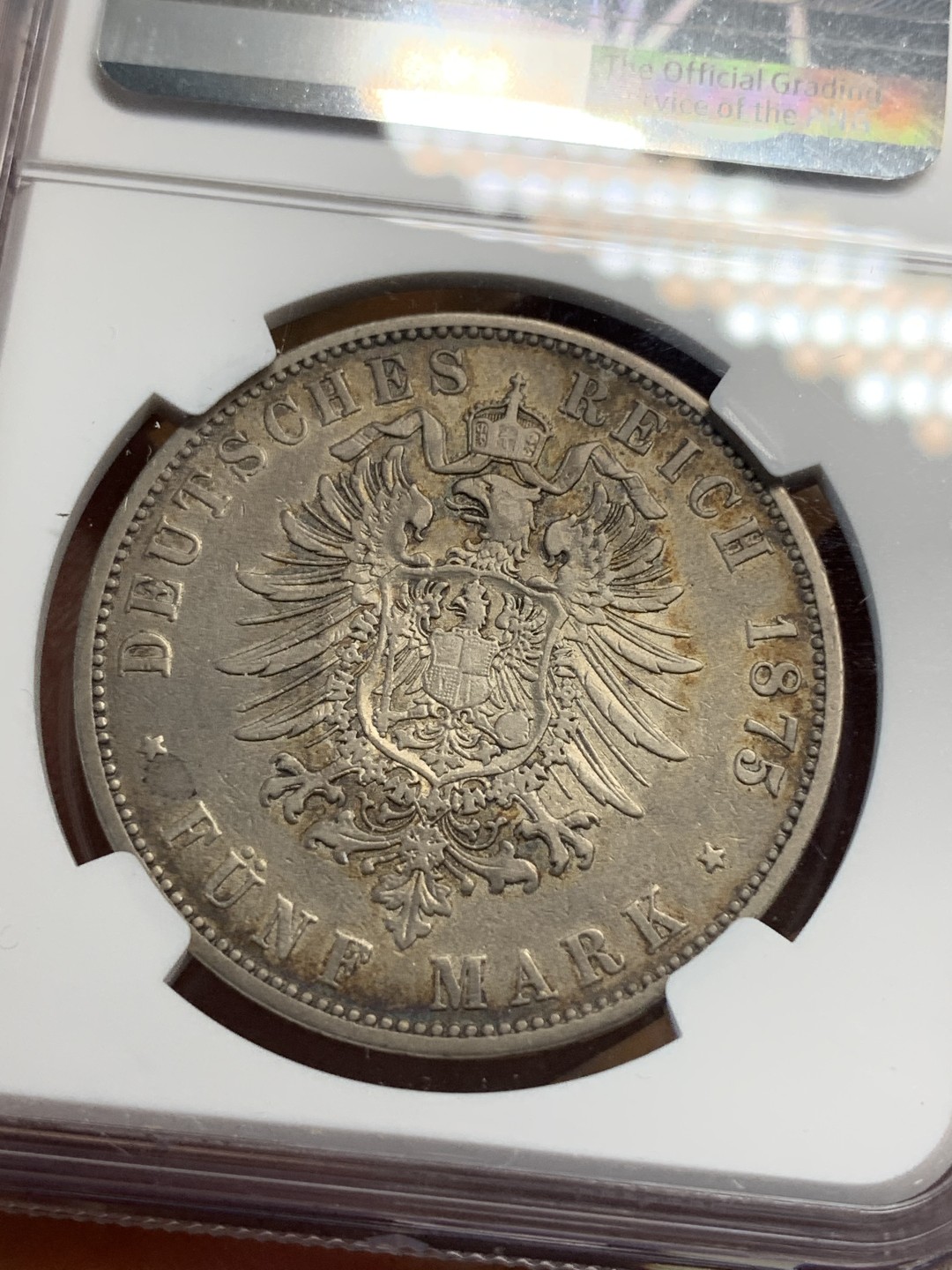 《竞宝斋》第112场-周日，周一 ，2场连拍（全场包邮） NGC VF35 1875年符腾堡5马克银币 味道佳