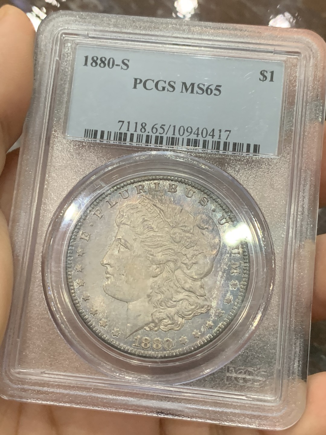 《竞宝斋》第112场-周日，周一 ，2场连拍（全场包邮） PCGS MS65 美国 1880年S版 摩根银元 灰彩包浆 很是漂亮