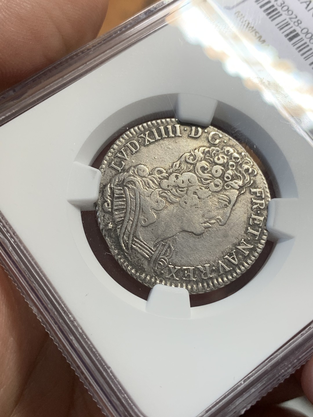 《竞宝斋》第112场-周日，周一 ，2场连拍（全场包邮） NGC XF 法国 1709年D版 路易十四 太阳王 1/4埃居 银币 少见规格 整体清晰