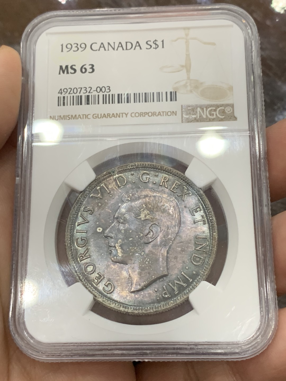 《竞宝斋》第112场-周日，周一 ，2场连拍（全场包邮） NGC-MS63 加拿大 1939年 乔治六世国会1加元银币 加拿大知名品种 顶级彩浆级彩币 美丽无与伦比