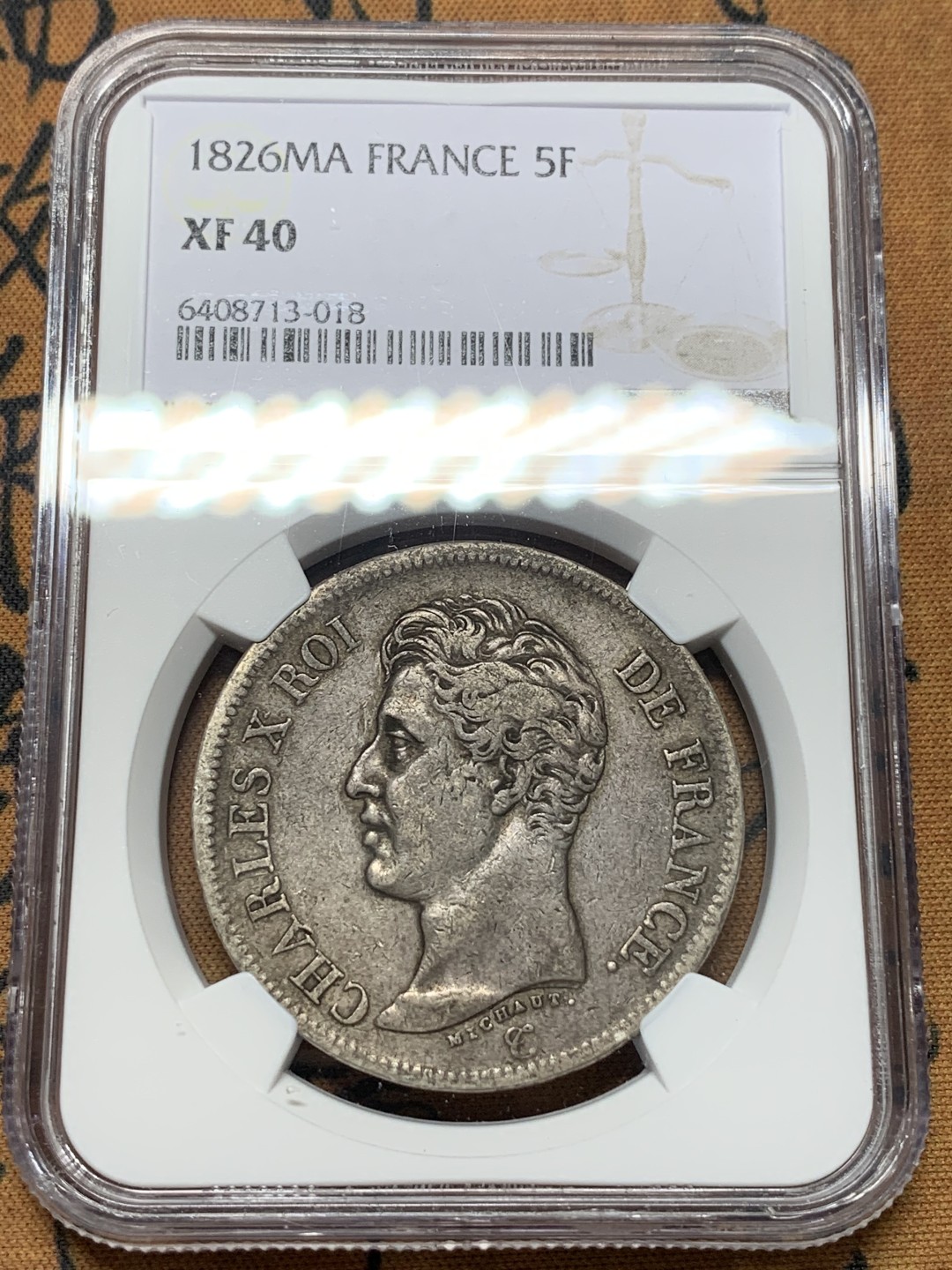 《竞宝斋》第112场-周日，周一 ，2场连拍（全场包邮） 第三名 NGC-XF40 法国1826-MA年 查理十世 5法郎大银币 传世老包浆 非常漂亮