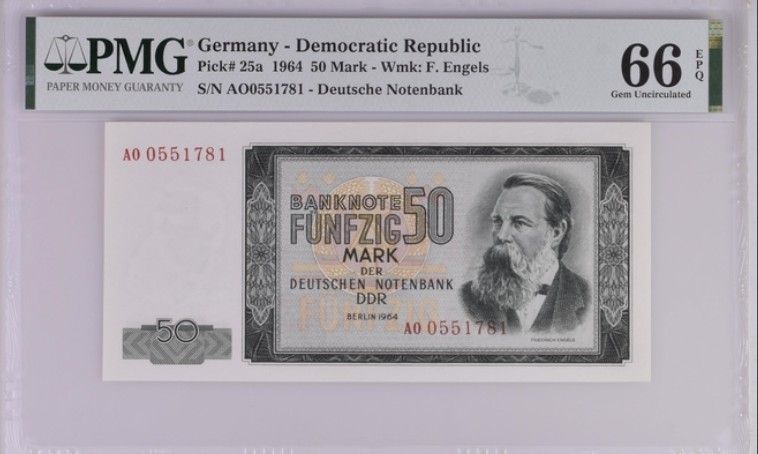 收藏联盟Quantum Auction 第204期拍卖 德国民主共和国1964年50马克 PMG66 革命导师恩格斯
