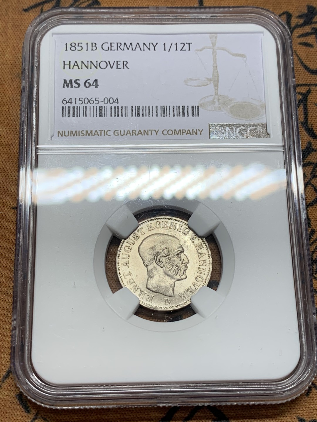 《竞宝斋》第112场-周日，周一 ，2场连拍（全场包邮） NGC MS64 德国1851汉诺威1/12泰勒银币 亚军分
