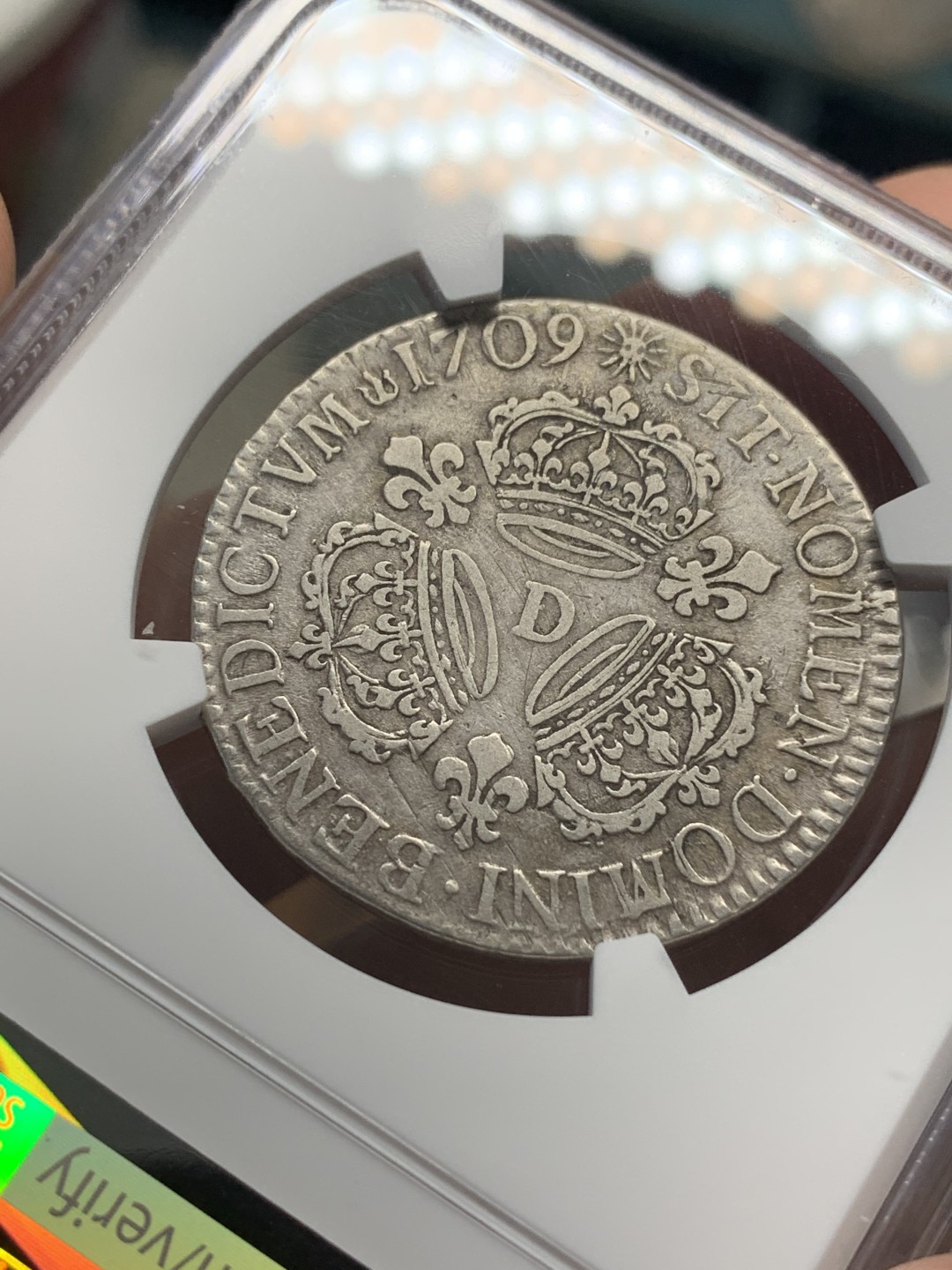 《竞宝斋》第112场-周日，周一 ，2场连拍（全场包邮） NGC VF 法国 1709年D版 路易十四 太阳王 1/2埃居 银币 状态不错 好于评级等级