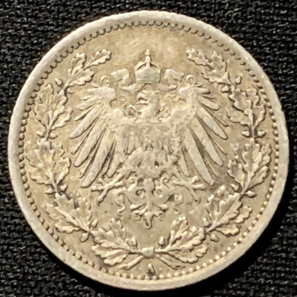 紫瑗钱币——第251期拍卖 德国 1913年 A版 第二帝国 1/2马克 2.77克 0.9银