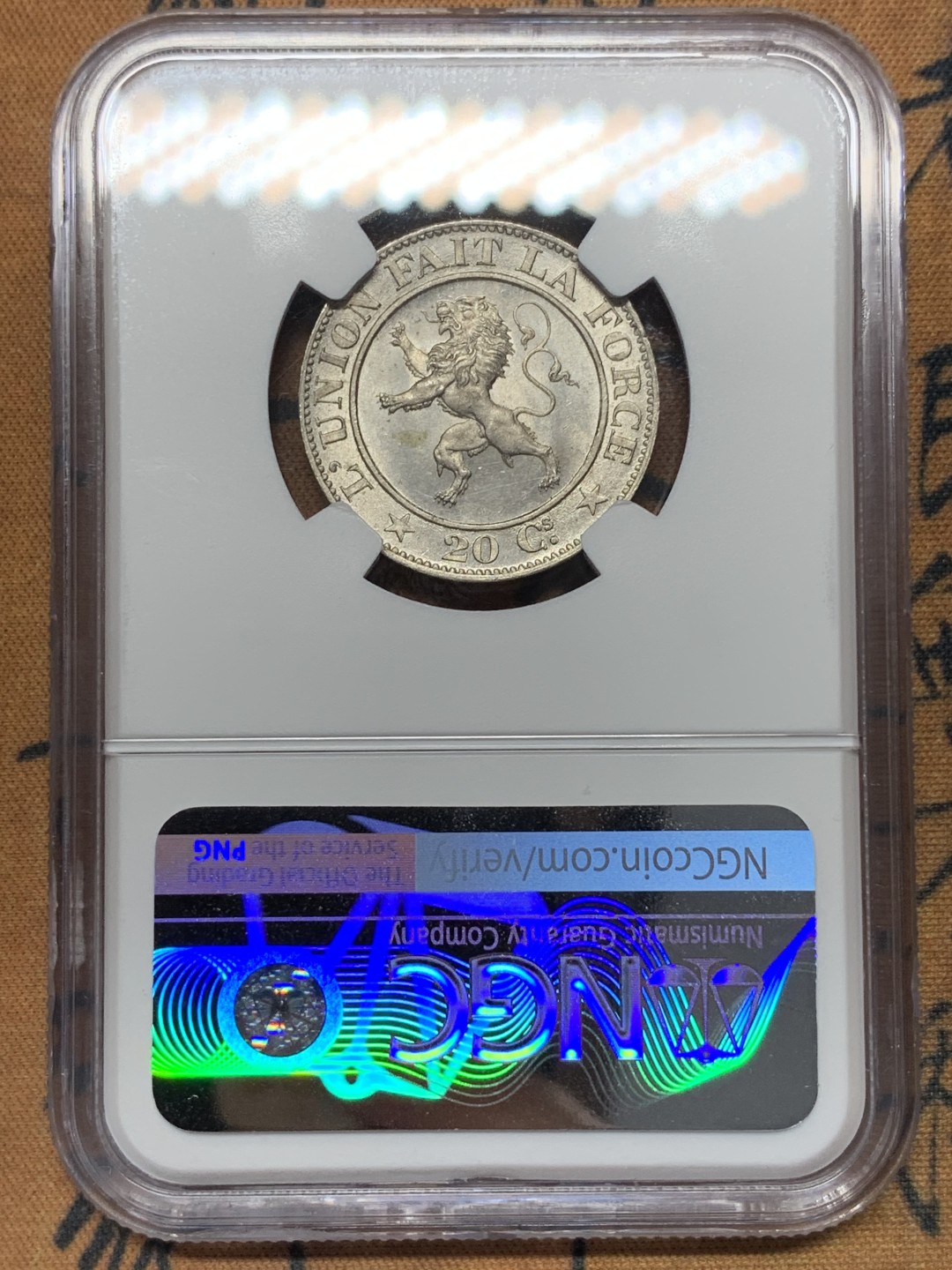 《竞宝斋》第112场-周日，周一 ，2场连拍（全场包邮） NGC MS64 比利时1861年20分 亚军分 发丝清晰