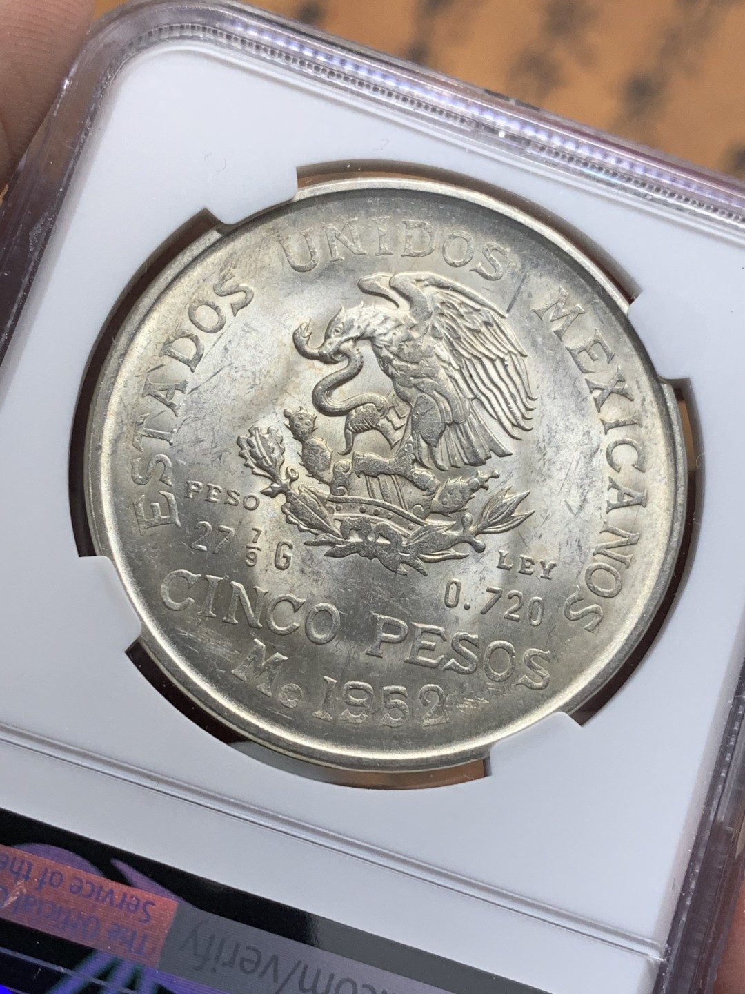 《竞宝斋》第112场-周日，周一 ，2场连拍（全场包邮） NGC-MS62 墨西哥1952年 5比索大银币 车轮转光 顶级状态