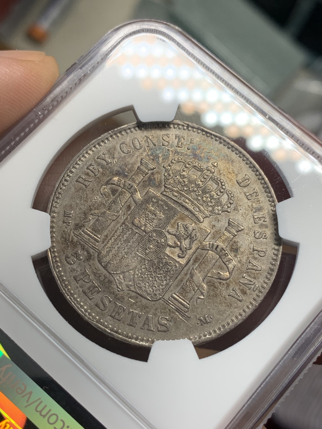 《竞宝斋》第112场-周日，周一 ，2场连拍（全场包邮） NGC XF45 西班牙1890年光头版阿方索十三世5比塞塔银币