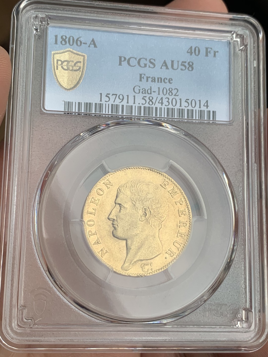 《竞宝斋》第112场-周日，周一 ，2场连拍（全场包邮） PCGS-AU58 法国1806年拿破仑一世40法郎金币，少见无桂枝版