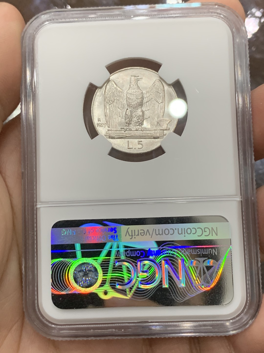 《竞宝斋》第112场-周日，周一 ，2场连拍（全场包邮） NGC MS63 意大利1929年R 5里拉银币 季军 **FERT**