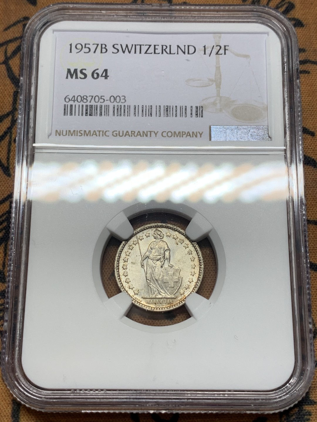 《竞宝斋》第112场-周日，周一 ，2场连拍（全场包邮） NGC-MS64 瑞士1957年 1/2法郎银币 原光顶级好品