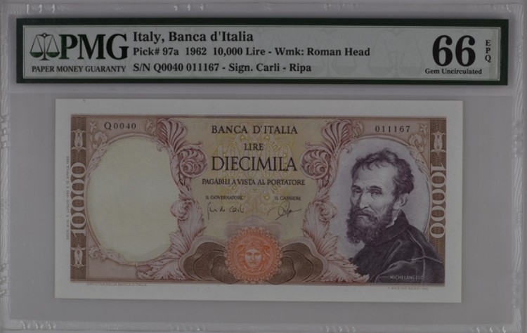 收藏联盟Quantum Auction 第204期拍卖 意大利1962年10000里拉 PMG66 初版首发年 