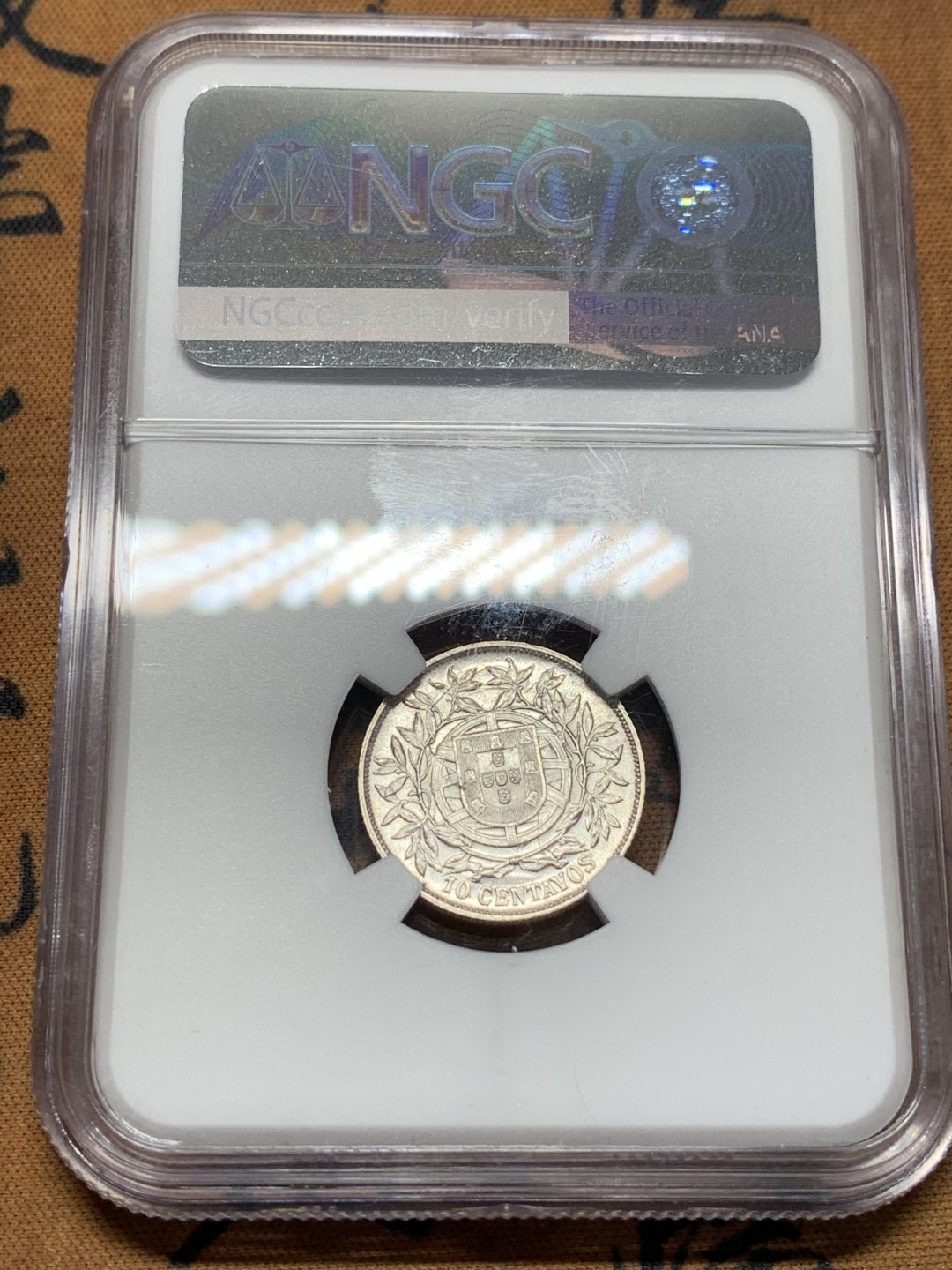 《竞宝斋》第112场-周日，周一 ，2场连拍（全场包邮） NGC-AU58 葡萄牙1915年 自由女神头像 10分银币 原光好品