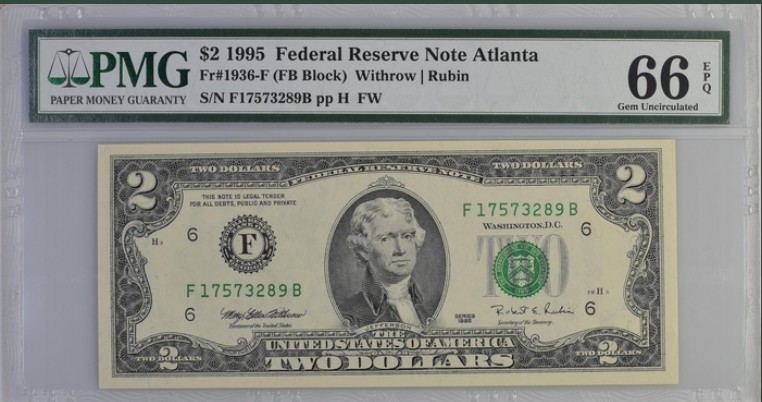 收藏联盟Quantum Auction 第204期拍卖 美国联邦储备券1995年2元 PMG66