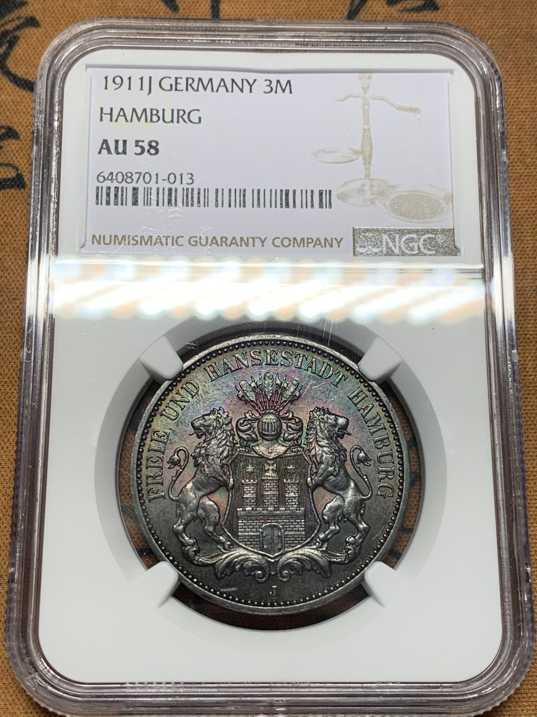 《竞宝斋》第112场-周日，周一 ，2场连拍（全场包邮） NGC-AU58 德国汉堡 1911年 双狮盾牌3马克银币 黑彩包浆 出分不易