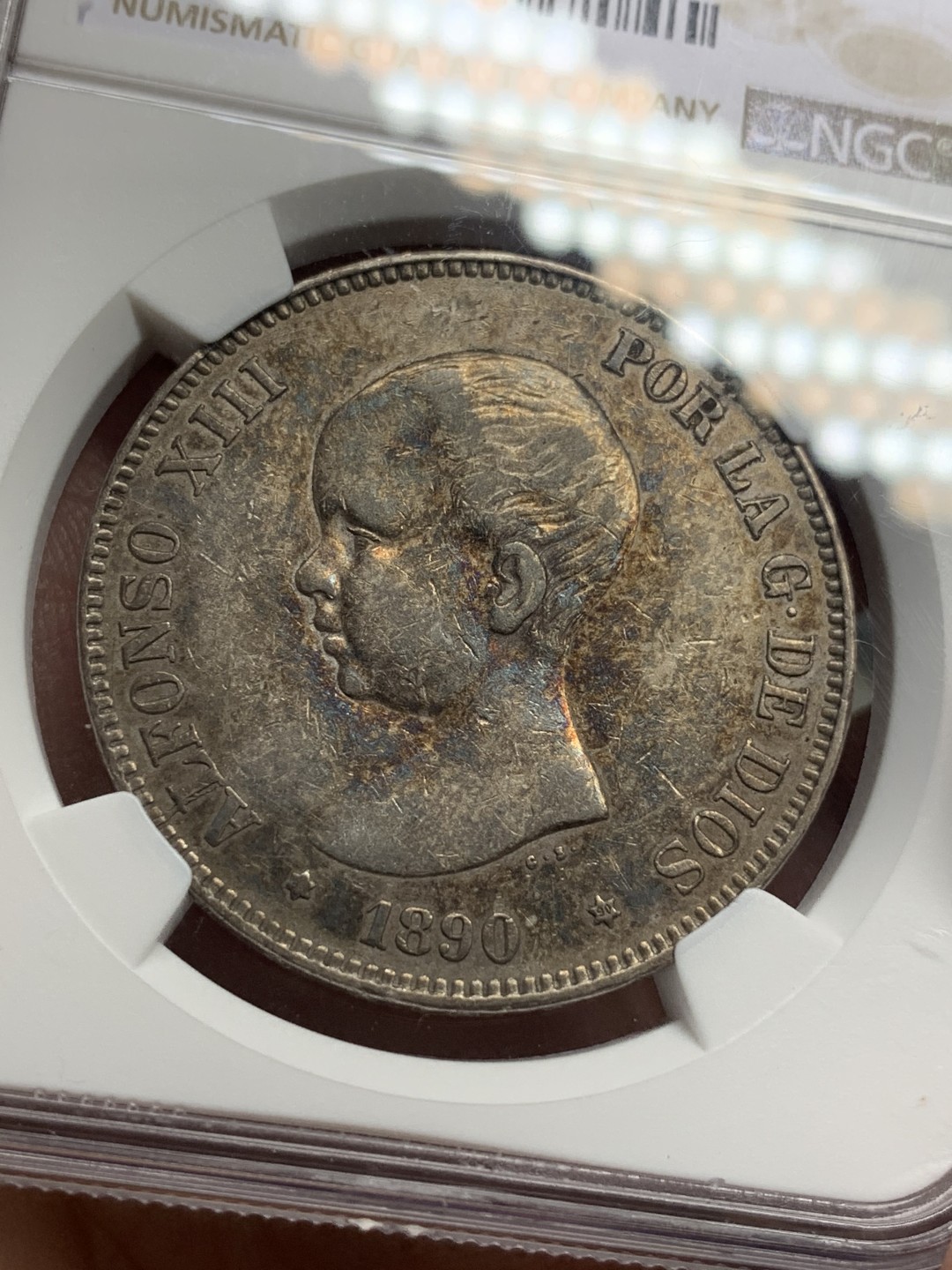 《竞宝斋》第112场-周日，周一 ，2场连拍（全场包邮） NGC XF45 西班牙1890年光头版阿方索十三世5比塞塔银币