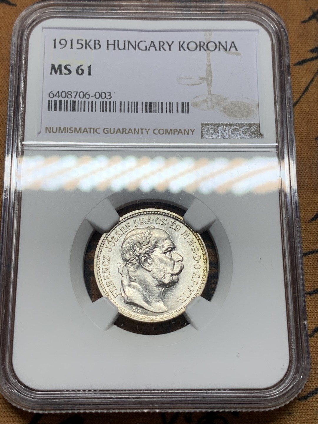 《竞宝斋》第112场-周日，周一 ，2场连拍（全场包邮） NGC-MS61 匈牙利1915年 天使1克朗银币 平时见到的都是奥地利的克朗， 匈牙利稀少