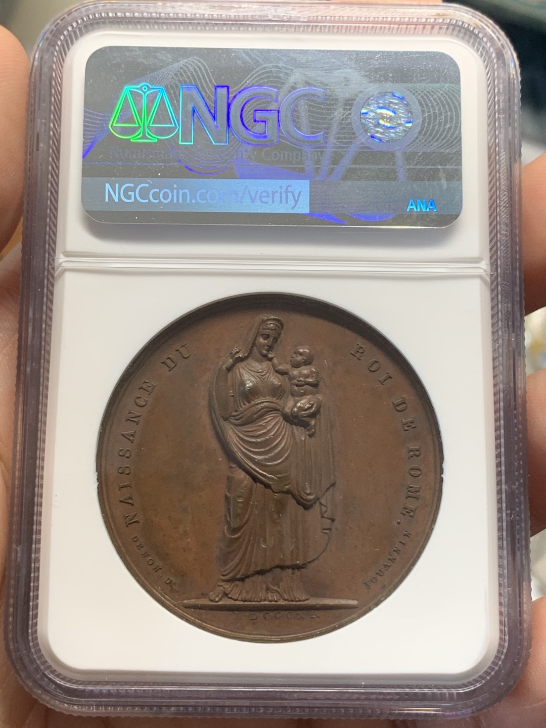 《竞宝斋》第112场-周日，周一 ，2场连拍（全场包邮） NGC MS63 法国 1811年 拿破仑二世 降生纪念 背面为皇后像环抱婴儿 N错标1840 需要反思 40.7mm直径大规格