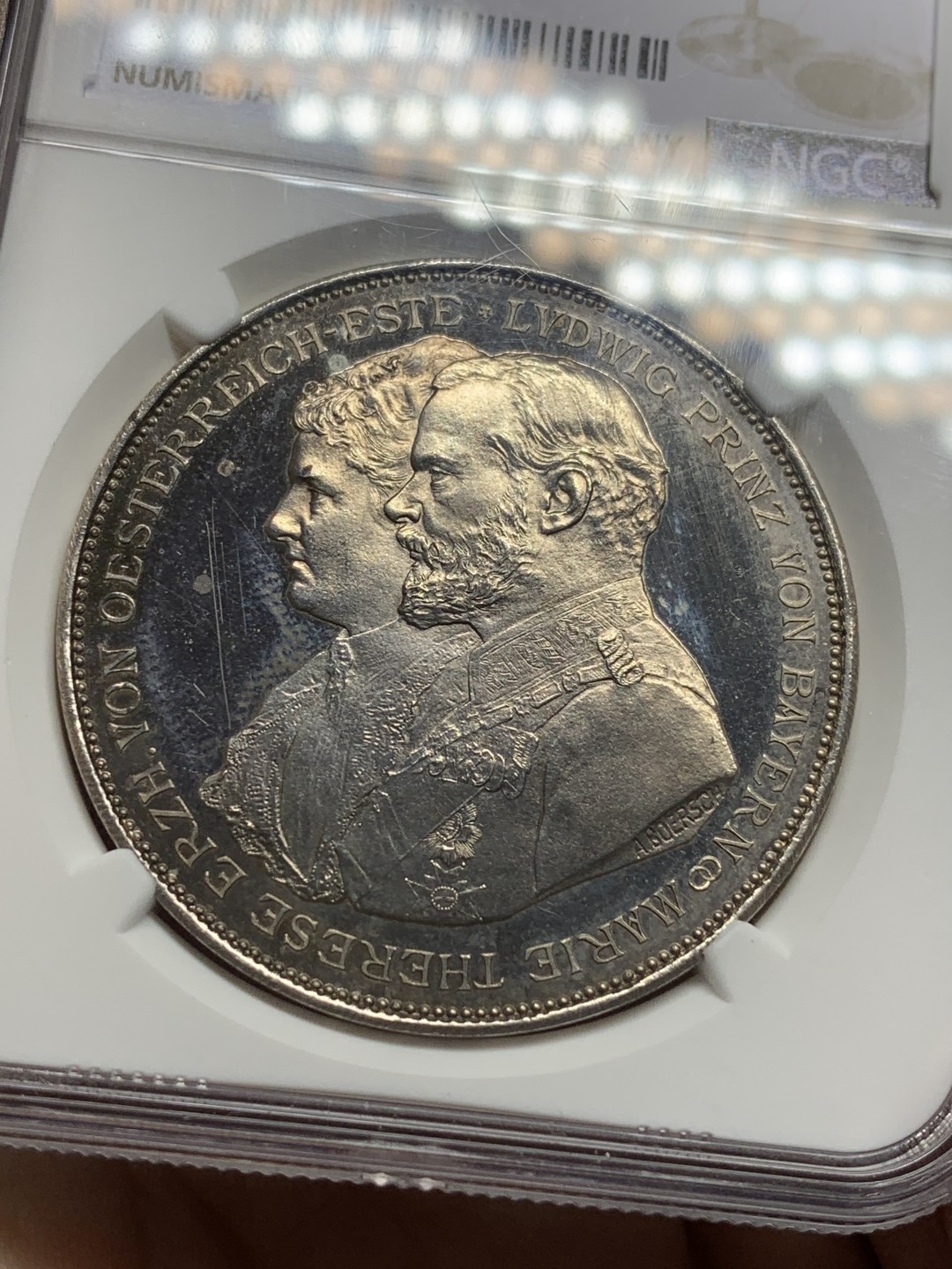 《竞宝斋》第112场-周日，周一 ，2场连拍（全场包邮） NGC-MS61 德国1893年拜仁路德维希家族子孙树 大规格银章 镜面工艺严重压分