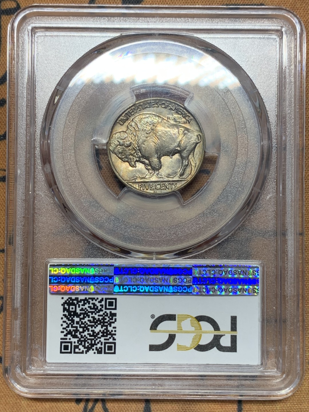 《竞宝斋》第112场-周日，周一 ，2场连拍（全场包邮） PCGS MS65 美国 1937年 印第安野牛 5美分 淡彩包浆 很不错