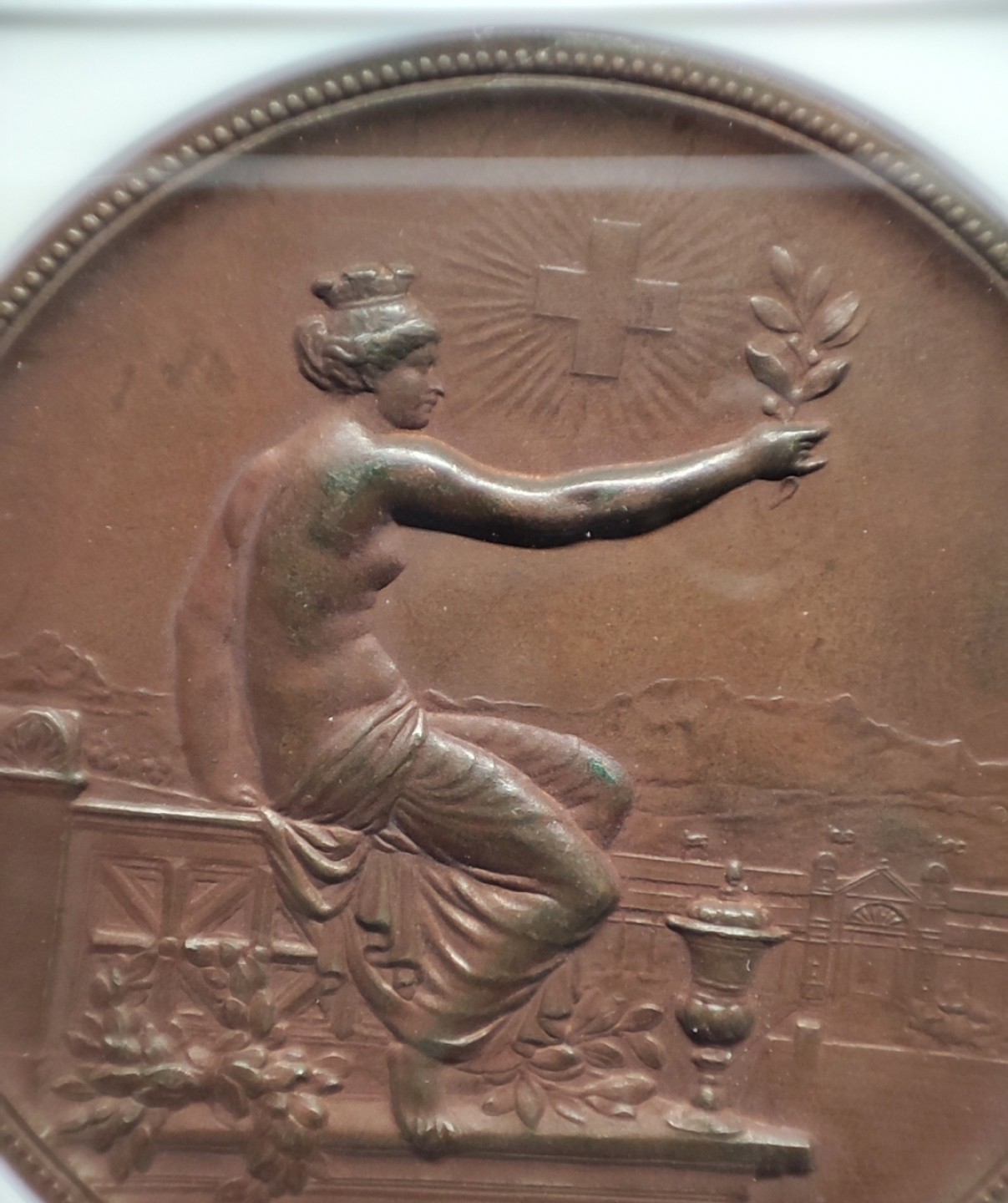 八角银章NGC章牌特卖会 瑞士1895射击节拿花女神铜章