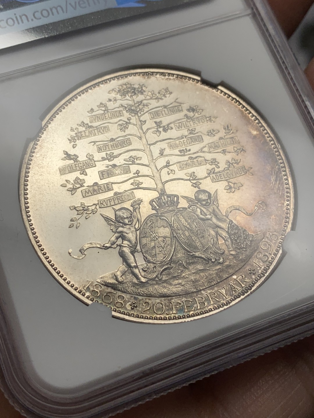 《竞宝斋》第112场-周日，周一 ，2场连拍（全场包邮） NGC-MS61 德国1893年拜仁路德维希家族子孙树 大规格银章 镜面工艺严重压分