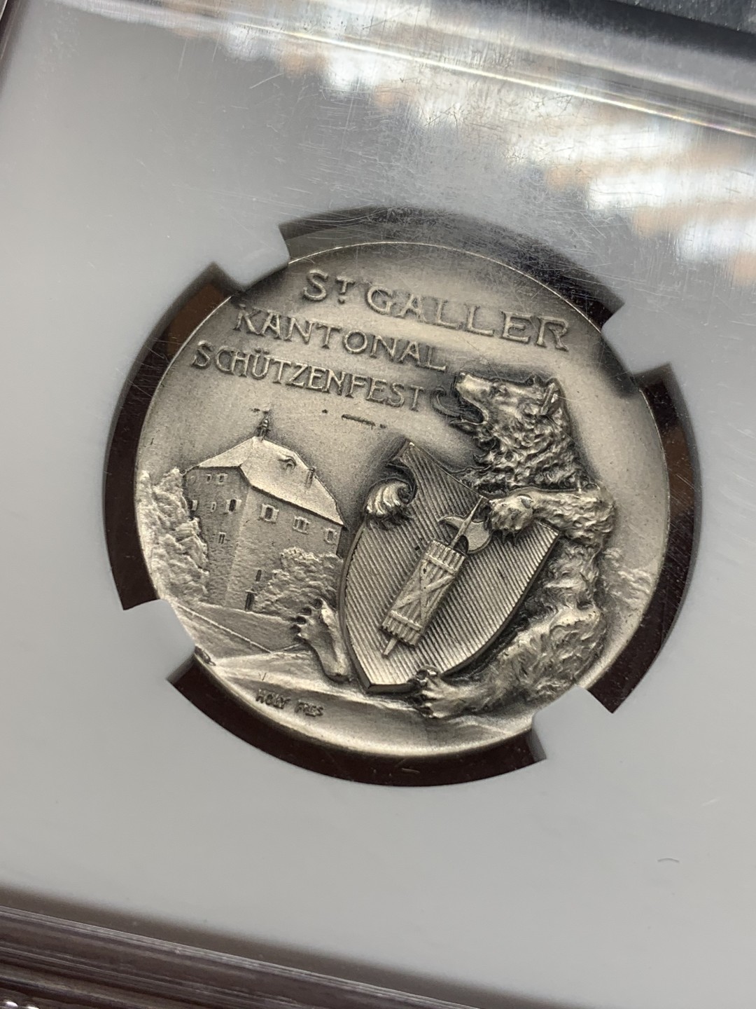 《竞宝斋》第112场-周日，周一 ，2场连拍（全场包邮） NGC MS64  1910年瑞士圣加仑射击节银章 生动形象 小熊憨厚可爱 市场流通量小于300枚