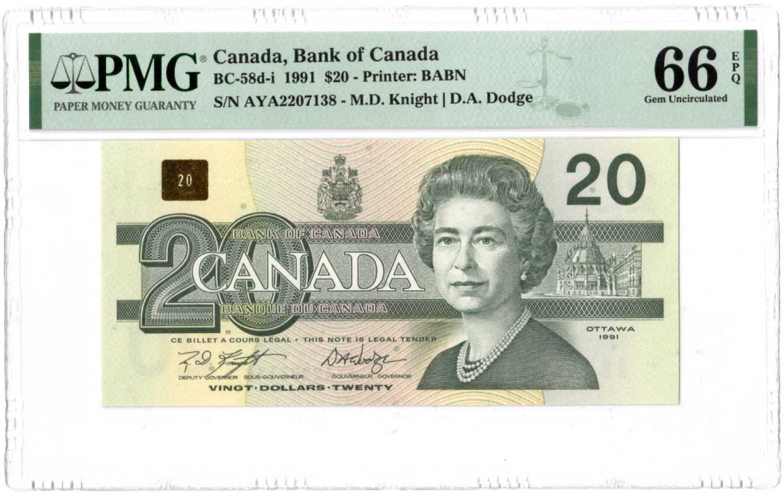 收藏联盟Quantum Auction 第204期拍卖 加拿大1991年20元 PMG66