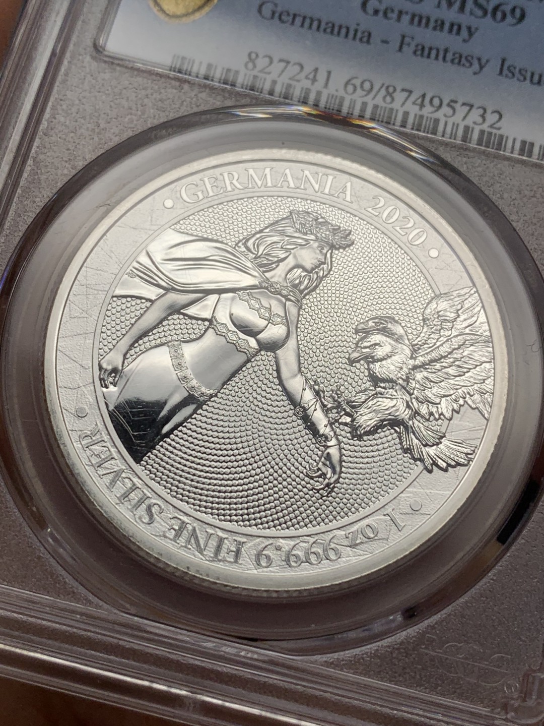 《竞宝斋》第112场-周日，周一 ，2场连拍（全场包邮） PCGS-MS69 德国2020年5马克纪念大银，日耳曼妮娅女神与雄鹰。日耳曼尼亚造币厂出品，女神系列，顶级分数