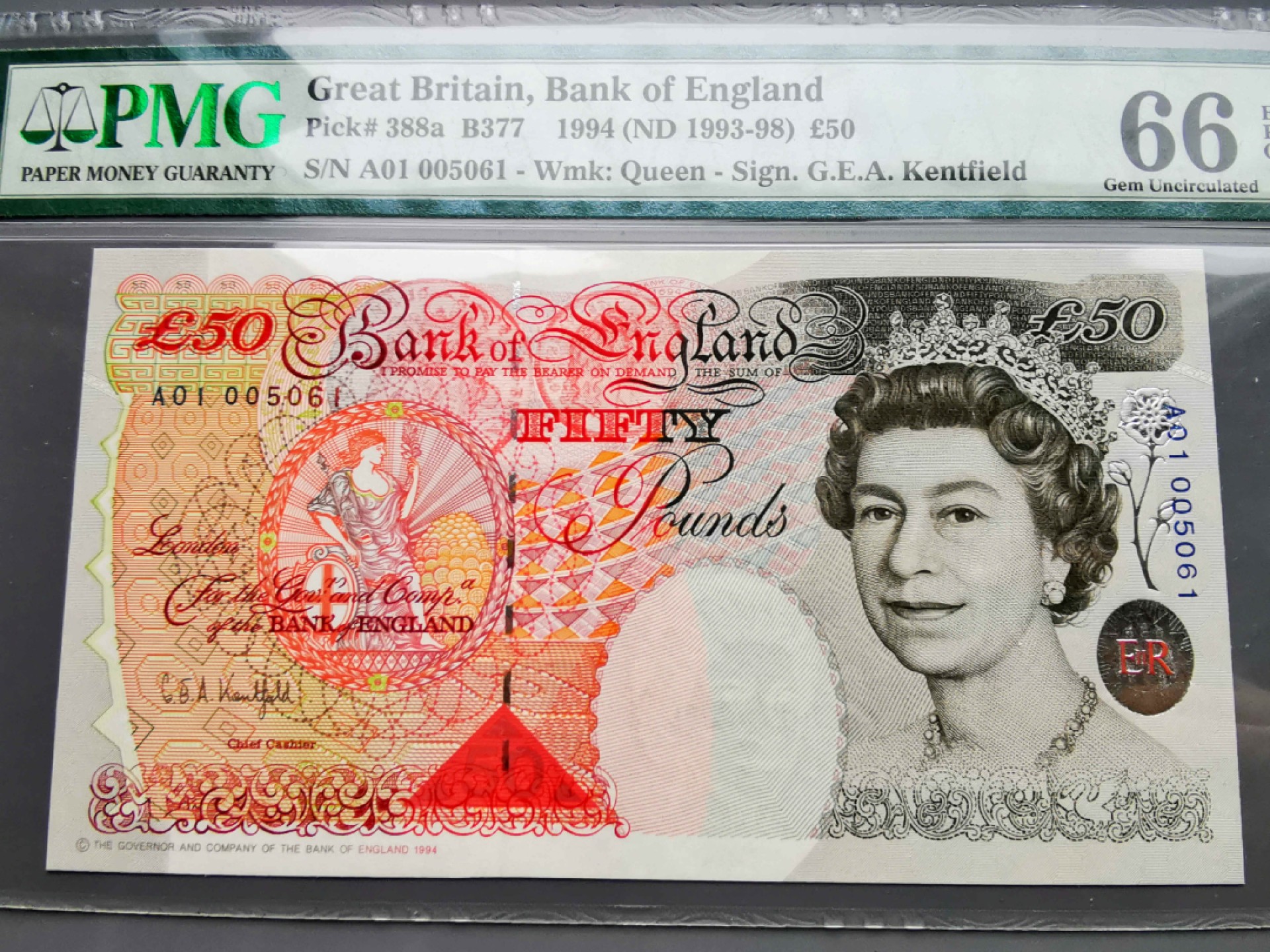 《崇甫堂》-英国纸钞PMG评级专场IV 英国 93-98年  A01首发字冠 千位小号 Pick:388a PMG-66 E序列初版50镑 霍布伦