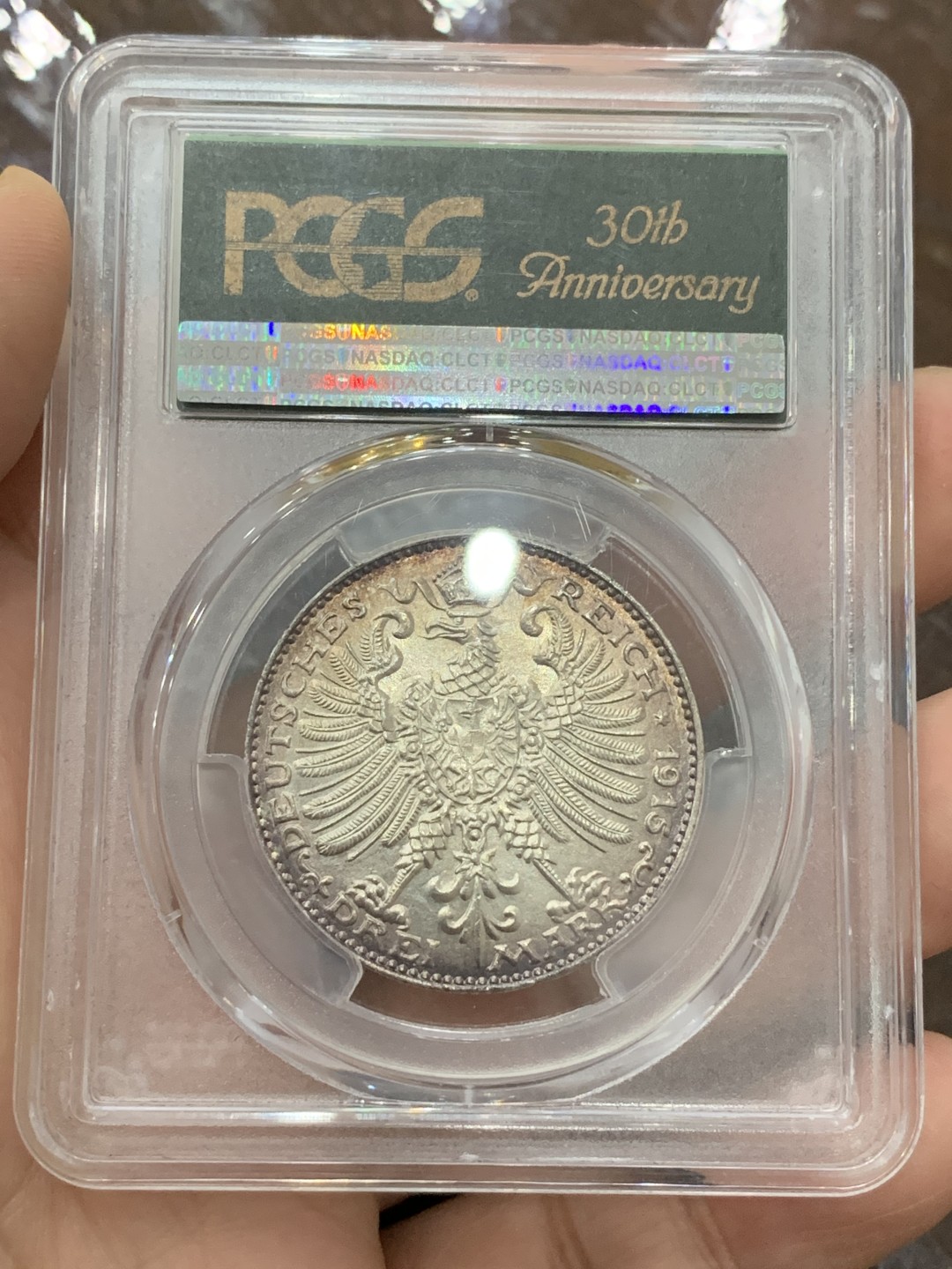 《竞宝斋》第112场-周日，周一 ，2场连拍（全场包邮） PCGS-MS65,德国1915年魏玛-艾森纳赫3马克银币,30周年纪念绿盒，人物饱满鹰徽特别