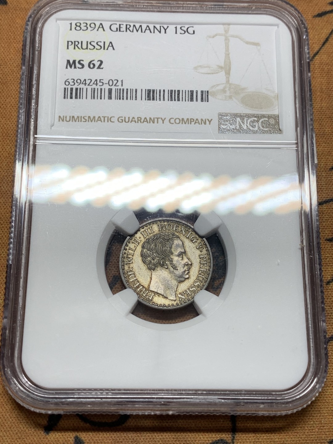 《竞宝斋》第112场-周日，周一 ，2场连拍（全场包邮） NGC MS62 德国 1839年 普鲁士 1SG 银币 细节好 无磨损状态