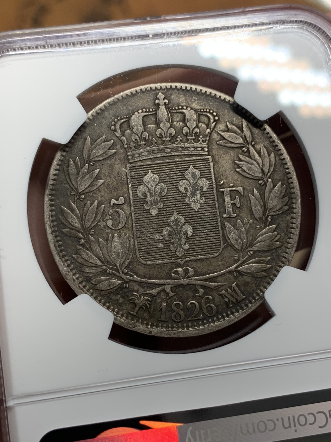 《竞宝斋》第112场-周日，周一 ，2场连拍（全场包邮） 第三名 NGC-XF40 法国1826-MA年 查理十世 5法郎大银币 传世老包浆 非常漂亮
