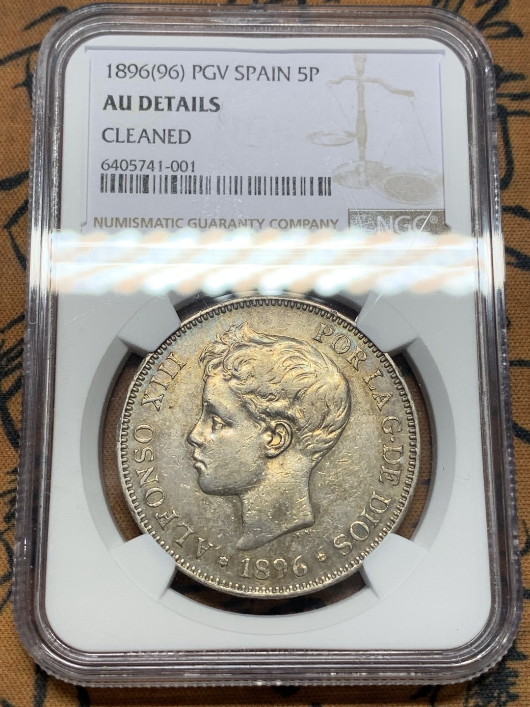 《竞宝斋》第112场-周日，周一 ，2场连拍（全场包邮） NGC AU西班牙1896年孩儿版阿方索十三世5比塞塔银币 小特年