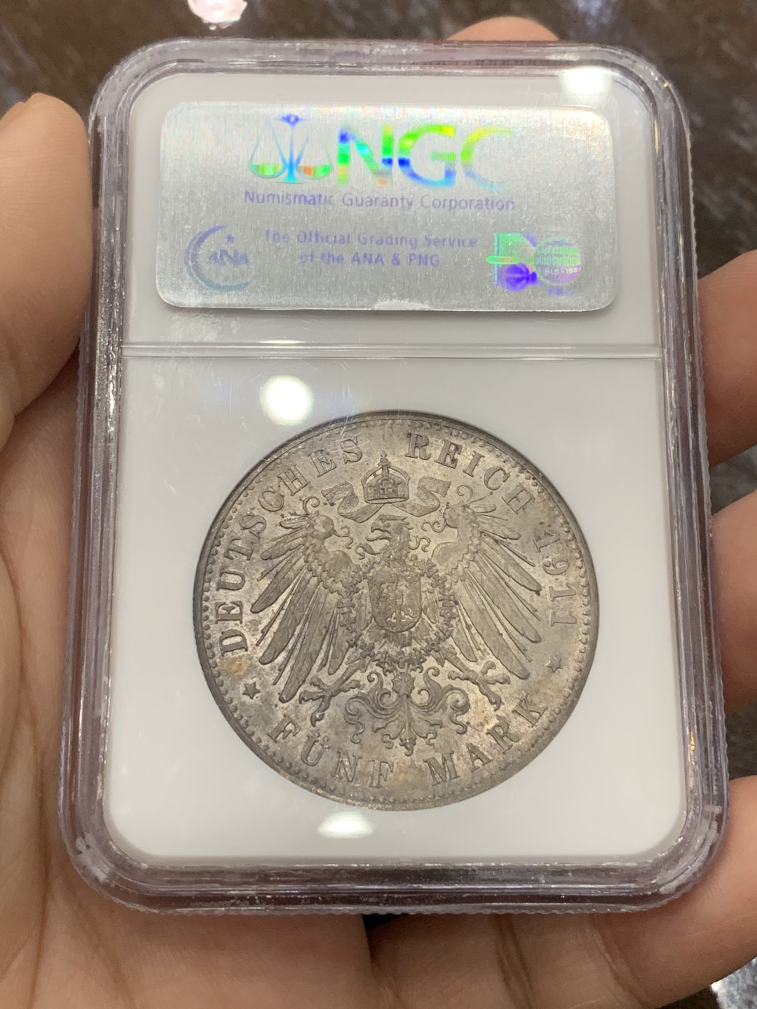 《竞宝斋》第112场-周日，周一 ，2场连拍（全场包邮） NGC MS63 德国巴伐利亚1911年利奥波德90大寿纪念5马克银币