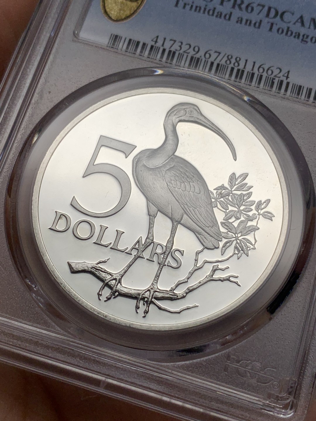 《竞宝斋》第112场-周日，周一 ，2场连拍（全场包邮） PCGS金盾 PR67DCAM 特立尼达和多巴哥1973年5元精制大银币，亚军分。925银，直径40mm，重量27.9g