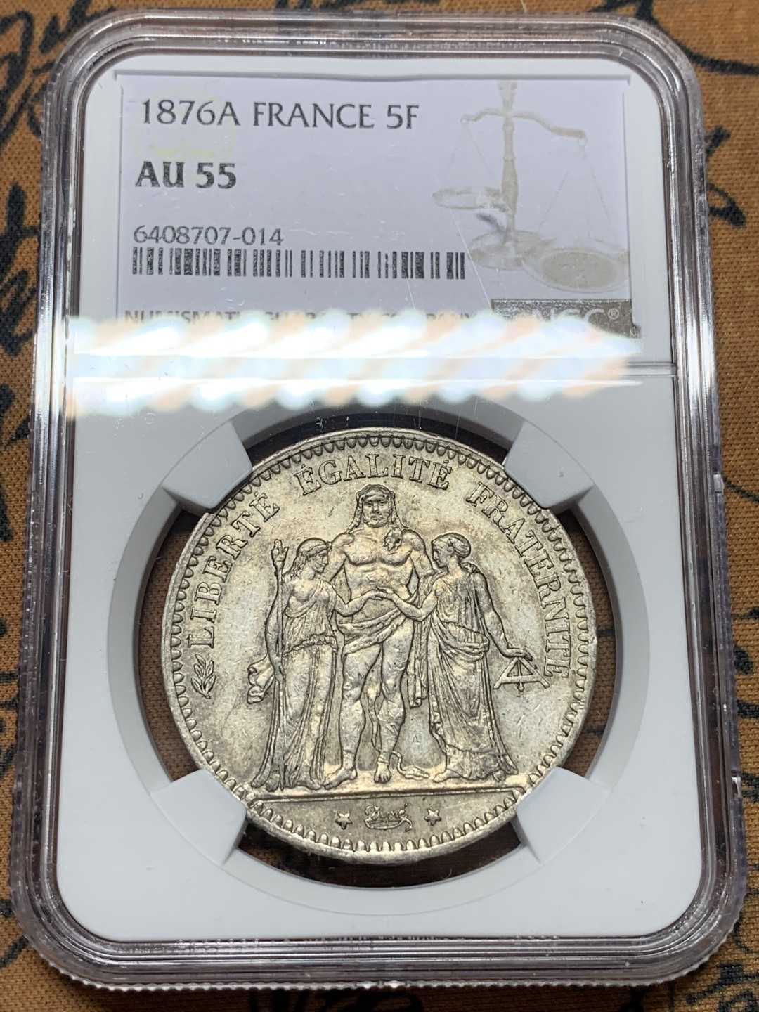 《竞宝斋》第112场-周日，周一 ，2场连拍（全场包邮） NGC-AU55 法国1876年大力神 5法郎大银币 带彩包浆 非常漂亮