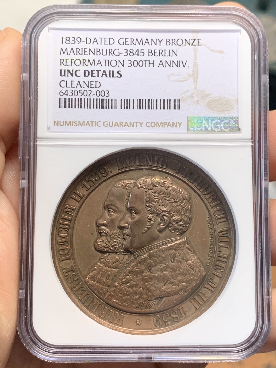 《竞宝斋》第112场-周日，周一 ，2场连拍（全场包邮） NGC UNC 德国1839宗教改革三百周年纪念铜章 加厚盒