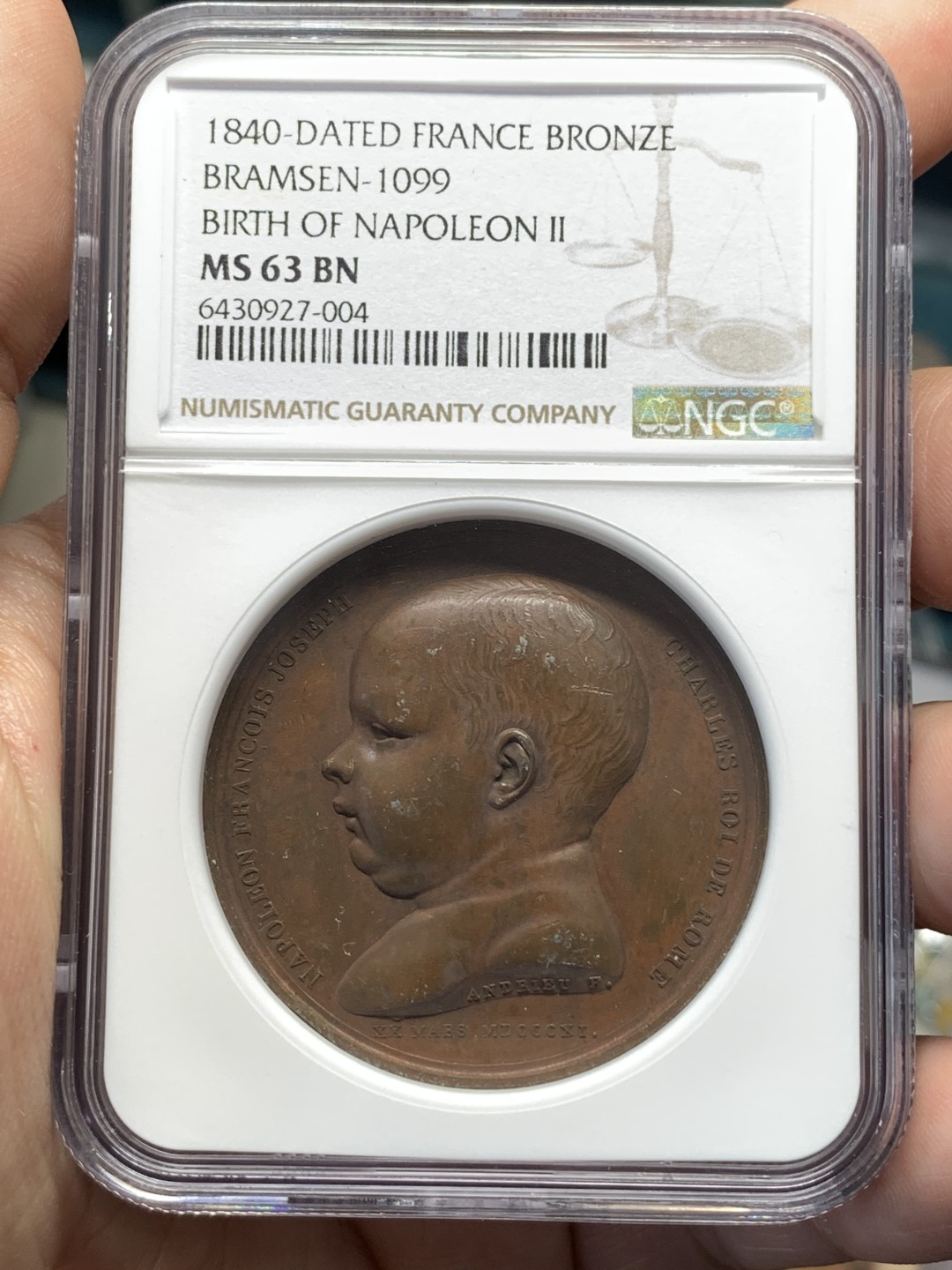 《竞宝斋》第112场-周日，周一 ，2场连拍（全场包邮） NGC MS63 法国 1811年 拿破仑二世 降生纪念 背面为皇后像环抱婴儿 N错标1840 需要反思 40.7mm直径大规格
