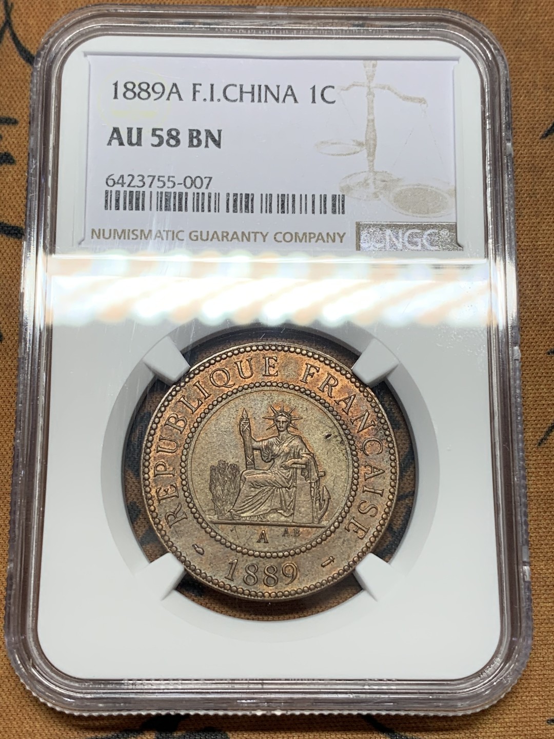 《竞宝斋》第112场-周日，周一 ，2场连拍（全场包邮） NGC AU58 BN 法属印度支那1889年百分之一 铜币      