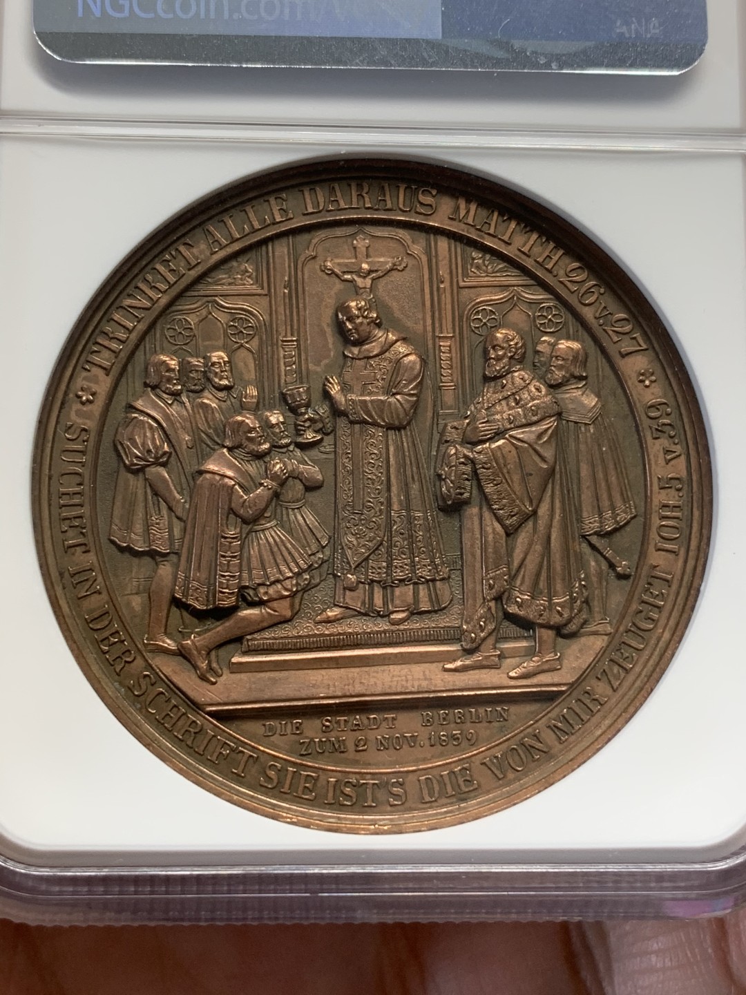 《竞宝斋》第112场-周日，周一 ，2场连拍（全场包邮） NGC UNC 德国1839宗教改革三百周年纪念铜章 加厚盒