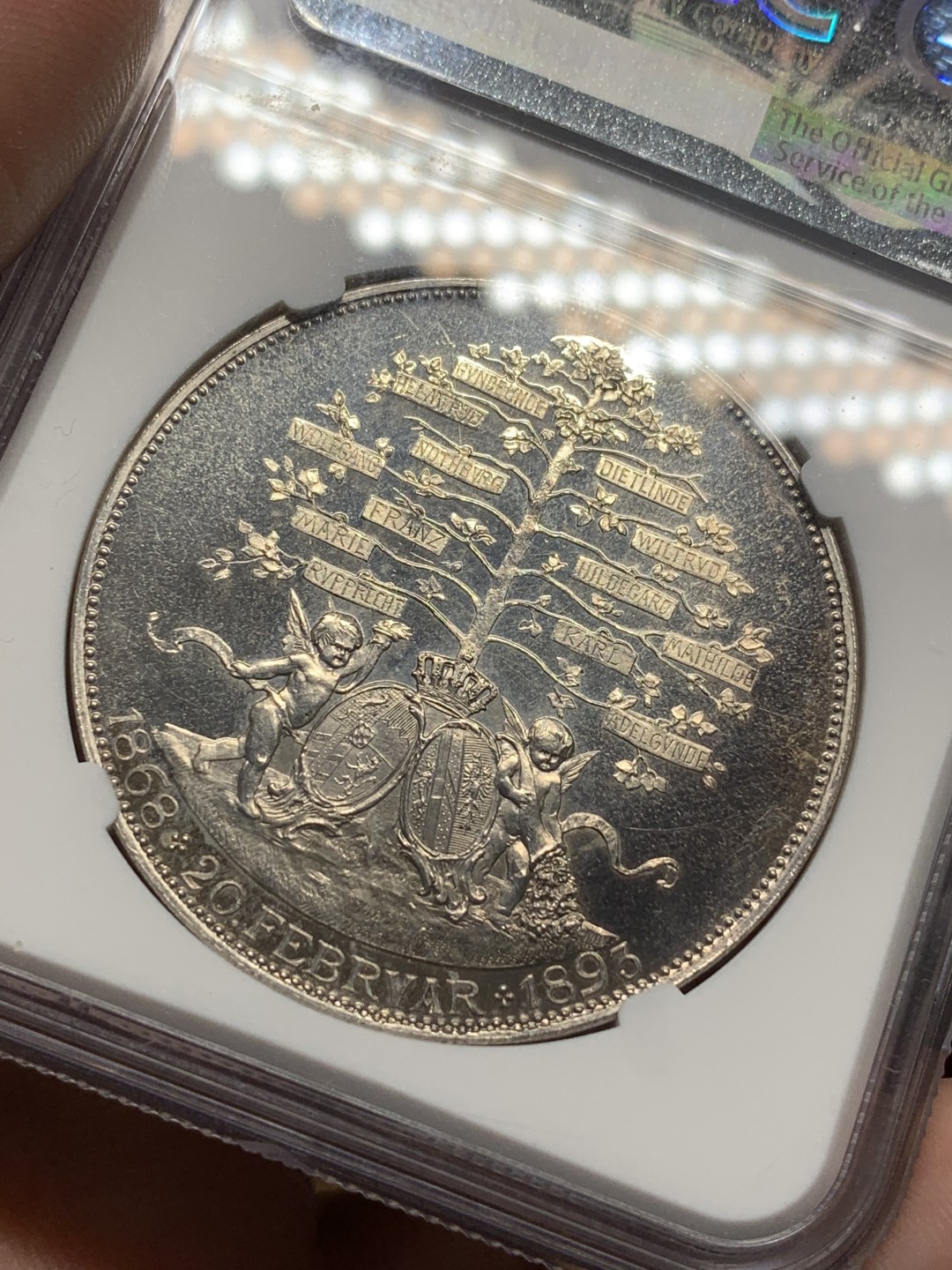 《竞宝斋》第112场-周日，周一 ，2场连拍（全场包邮） NGC-MS61 德国1893年拜仁路德维希家族子孙树 大规格银章 镜面工艺严重压分