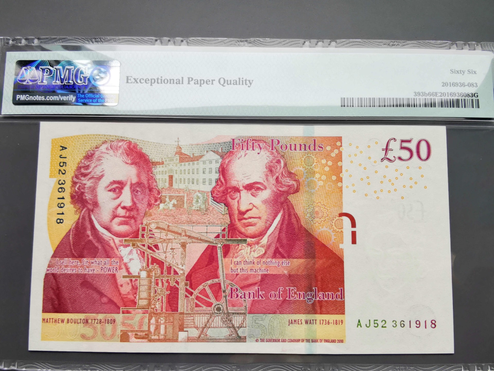 《崇甫堂》-英国纸钞PMG评级专场IV 英国 2015年  Pick:393b PMG-66 F序列50镑 博尔顿和瓦特