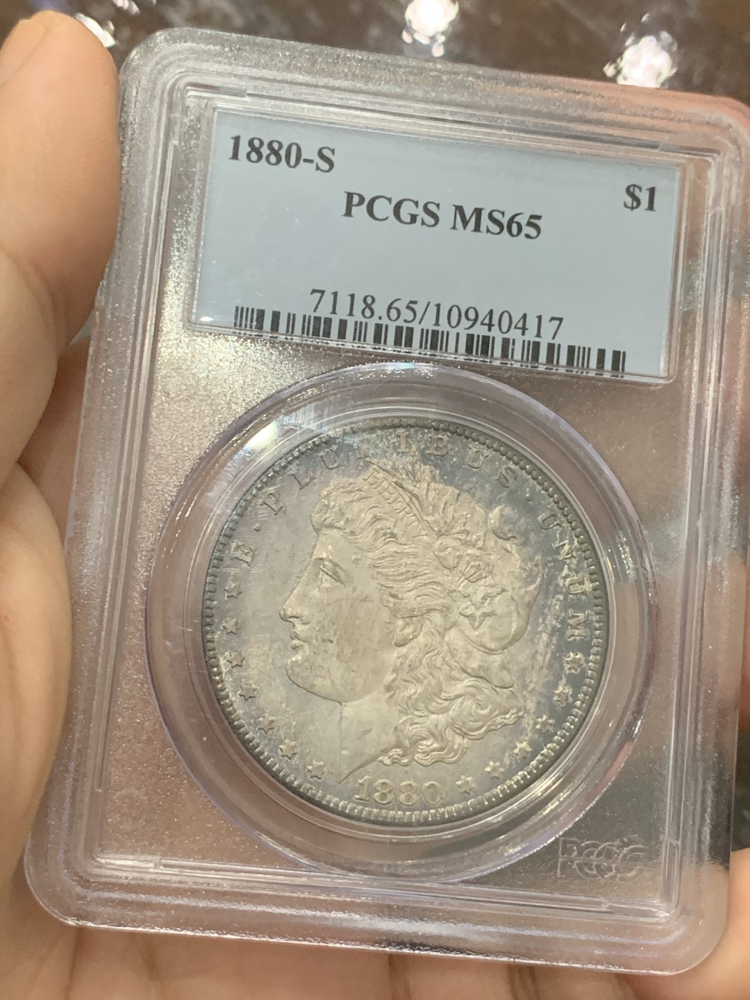 《竞宝斋》第112场-周日，周一 ，2场连拍（全场包邮） PCGS MS65 美国 1880年S版 摩根银元 灰彩包浆 很是漂亮