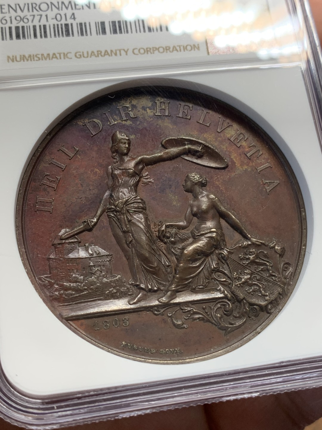 《竞宝斋》第112场-周日，周一 ，2场连拍（全场包邮） NGC UNC 瑞士 1890 弗劳恩菲儿德射击节 铜章 好细节高浮雕 加厚盒子