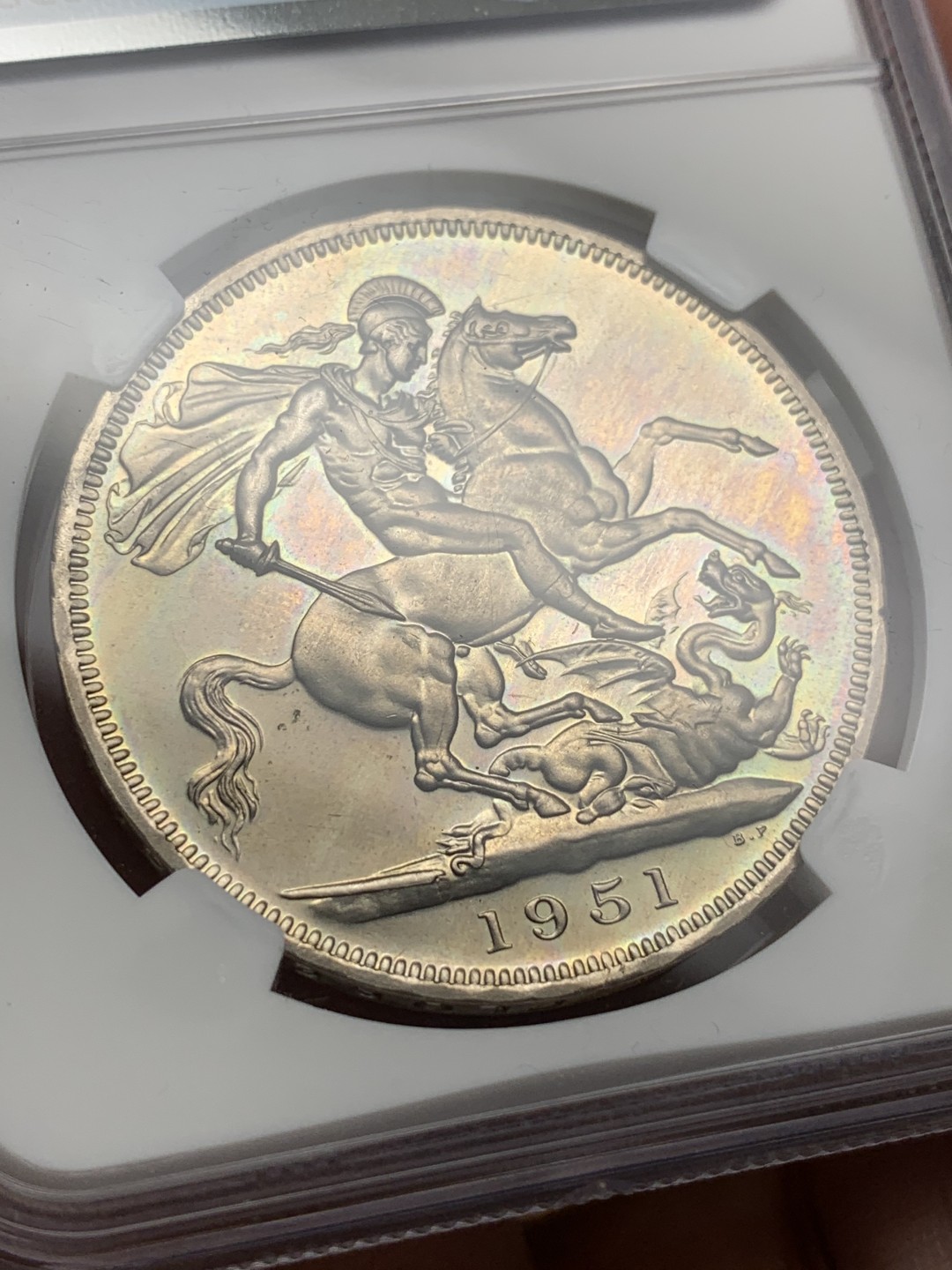 《竞宝斋》第112场-周日，周一 ，2场连拍（全场包邮） NGC-PL63 英国1951年镍马剑克朗，英国唯一的镍制马剑克朗